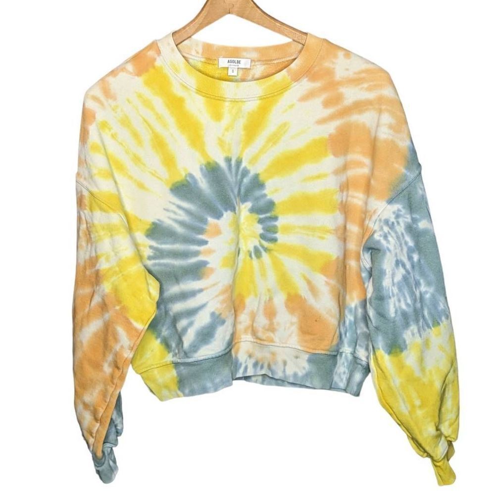 AGOLDE Balloon Sleeve Tie-Dye Sweatshirt Cropped Yellow Blue Small A7044